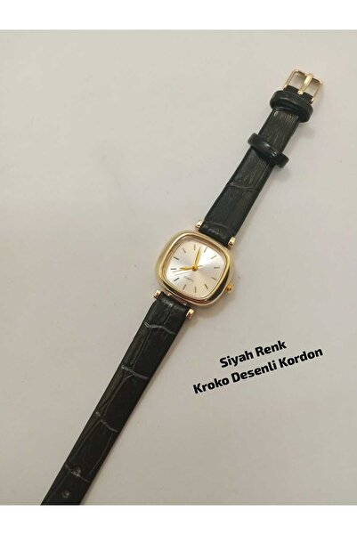 QUARTZ ساعة يد نسائية كلاسيكية بسيطة طراز ريترو بحزام أسود اللون