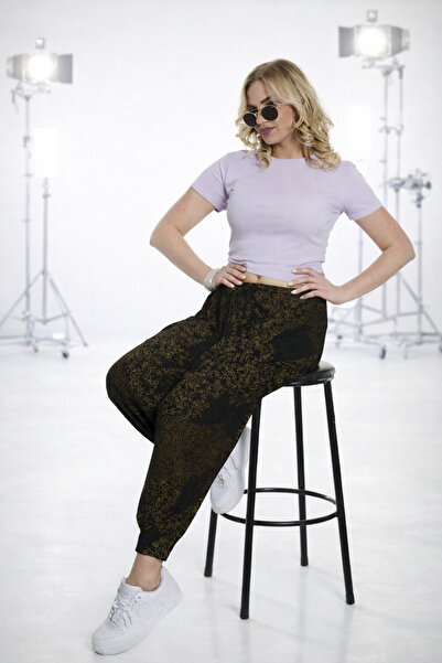 SİWELLİ Kadın Şalvar, Yumuşak Kumaş, Sarı Şal Desenli, Yandan Cepli, Standart...