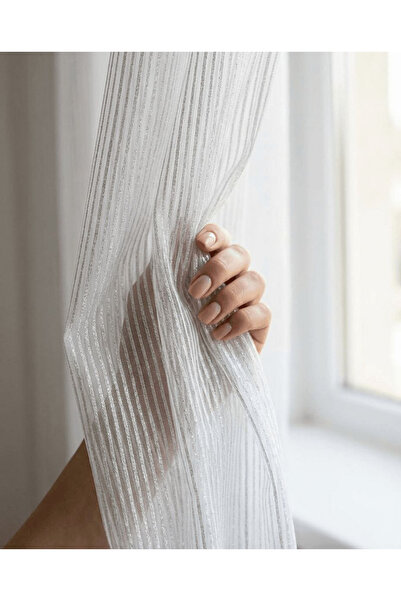 İNCİLİFE Ekru Renkli Petran Tül Perde - Gümüş Simli Çizgili 1/3 Sık Pileli