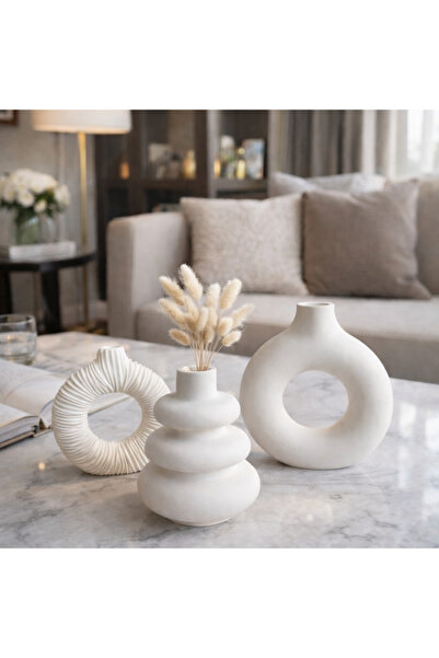 Misya DEKOR Home Modern Boho Halkalı Taş Tozu Vazo Trio Dekoratif Ev Eşyaları...