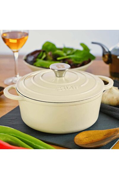 Lätt Home Oală din fontă emailată cu capac, 2,8L, 22cm, tip Cocotte Dutch oven, Alb Antichizat