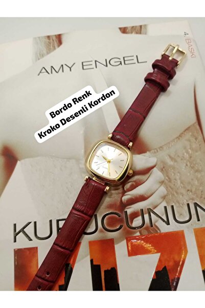 QUARTZ ساعة يد نسائية كلاسيكية بتصميم بسيط، لون أحمر كلاسيكي، حزام بنمط جلد ا...