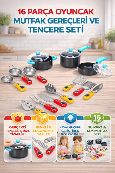 YILDIRIM OYUNCAK Mutfak Gereçleri Seti 16 Parça Tencere Seti - Evcilik Mutfak...