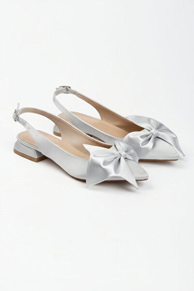 Brave حذاء باليرينا يومي، من الساتان الفضي، مزين بفيونكة، مفتوح من الخلف، تصم...