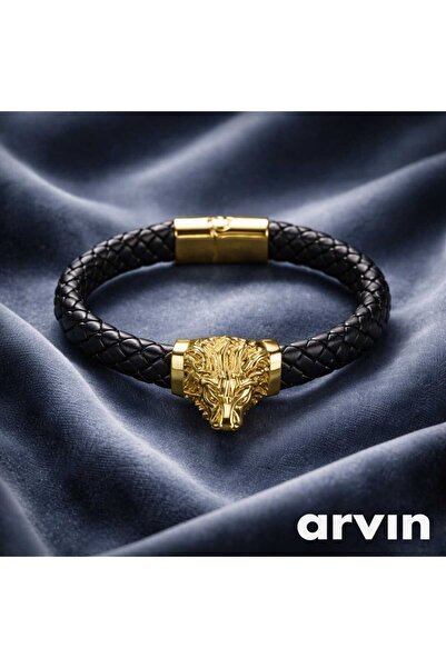 M2M "Altın Aslan Başlı Örgü Deri Erkek Bileklik — Güç ve Şıklık Bir Arada"