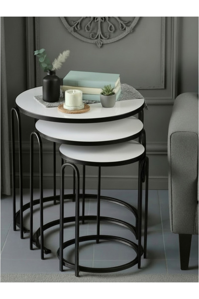 SEDAŞ LIVING UNITS 3' LÜ BEYAZ TEMPERLİ CAM SİYAH AYAK LENKA METAL SEHPA TAKI...