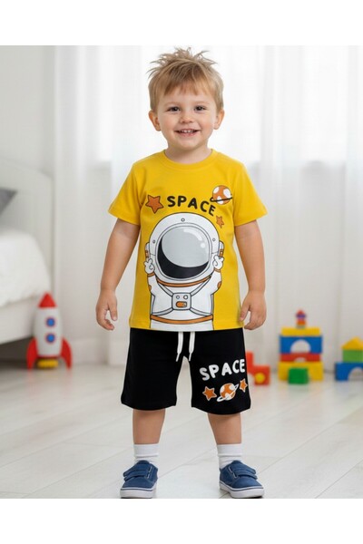 VOY KİDS Set de tricou și pantaloni scurți de vară cu tematică spațială pentr...
