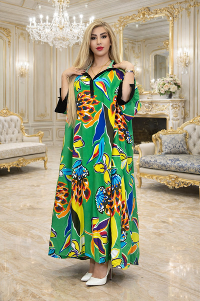 Yeşilmoda Dress,Cotton Fabric,Button Collar,Batwing Sleeve,Beach Dress,Floral...