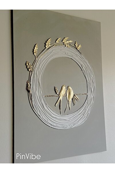 Home Kuş Temalı Altın Desenli MDF Üzerine Alçı Kabartmalı Tablo (Çerçevesiz) ...