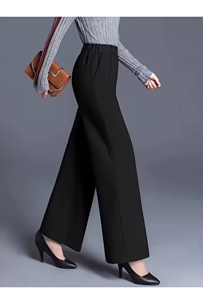 Kanonik Education Women's High Waist Ribbed Front Wide Leg Imported Crepe Tro...