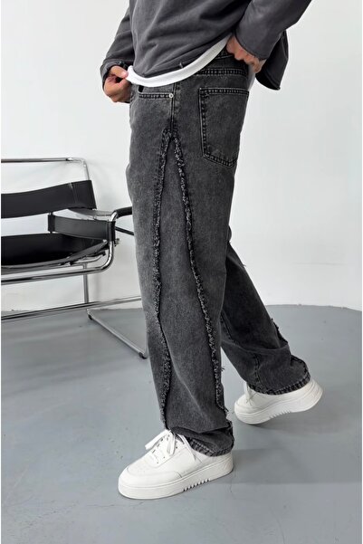 A&O Style Men's Anthracite Baggy Special Washed Striped Detail Jean Denim Tro...