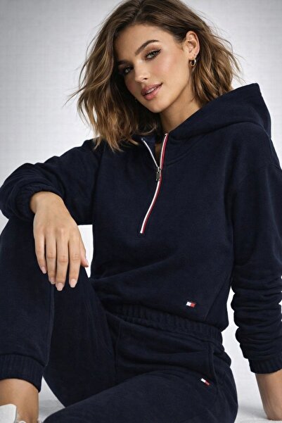 Tommy Hilfiger fermuarlı bayrak şeritli spor crop sweatshirt