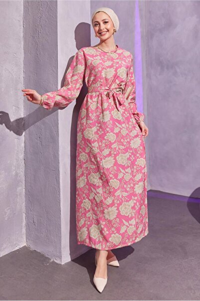 TRENDTESETTÜR KADIN FUŞYA KUŞAKLI DESENLİ ELBİSE T 7993