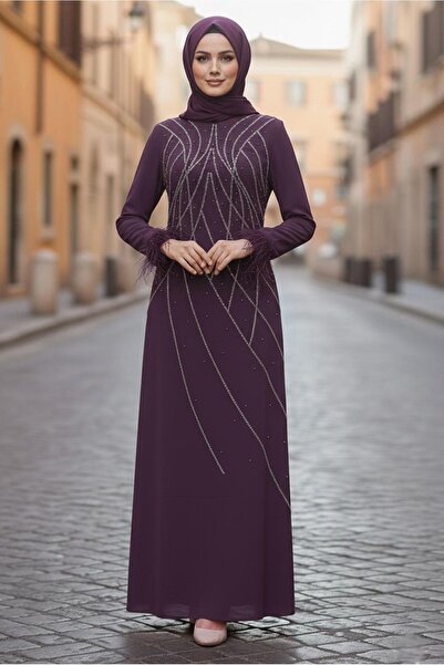 TRENDTESETTÜR KADIN MOR (VİOLET) BONCUK İŞLEMELİ ABİYE ELBİSE T 8953