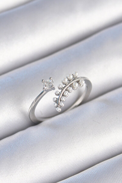 Skygo خاتم نسائي نحاسي فضي اللون بحجر الزركون واللؤلؤ على شكل ورقة شجر - TJ-B...