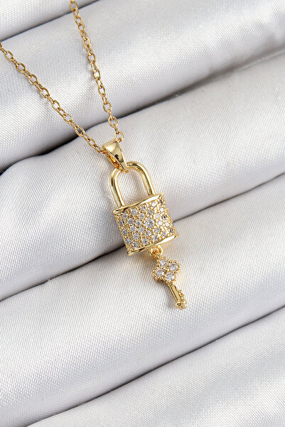 Skygo قلادة نسائية من الفولاذ 316L بحجر الزركون وقفل ومفتاح متدلي موديل ذهبي ...