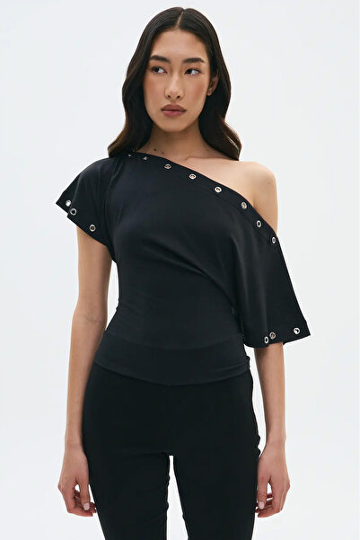 Madmext Black Off Shoulder Women's Blouse with Metal Detail Mg2671
