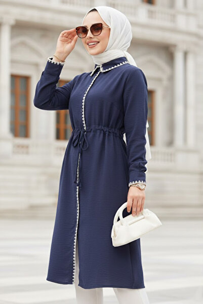 Neva Style Buttoned Navy Blue Hijab Tunic 10177L