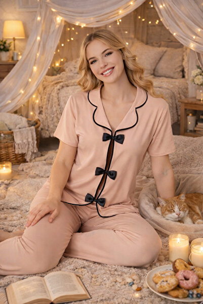 Lavint Homewear Kadın Pamuklu Likralı Kurdele Fiyonk Desenli Rahat Kalıp Pija...