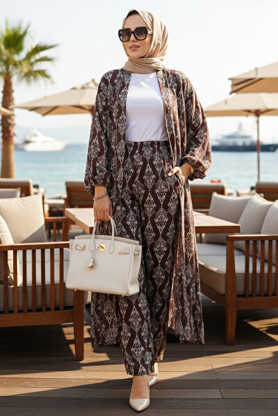 N.S NEVA STYLE طقم كيمونو مزدوج بحجاب بني منقوش 12888KH