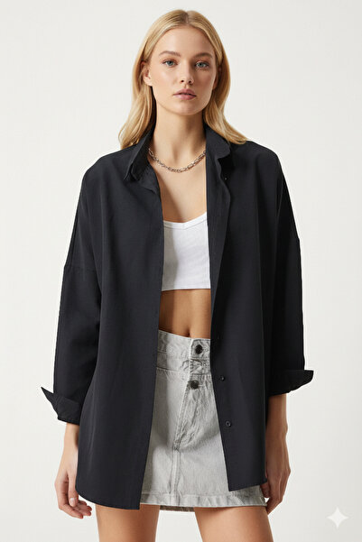 hazelin Dámská černá oversize dlouhá základní košile HZL22W-BD139001