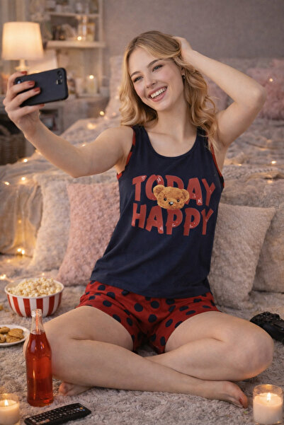 Lavint Homewear Γυναικείο σετ σορτς Teddy Bear με τύπωμα με σχέδιο ελαστικό ύ...