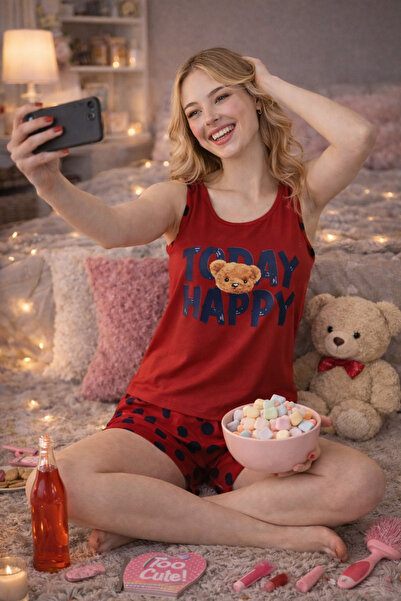 Lavint Homewear Set de pijamale pentru femei Teddy Bear cu imprimeu din bumba...