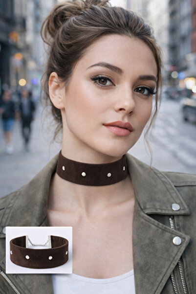 SYAZE Metal Detailed Suede Choker Necklace – Bitter Brown 4 cm Width