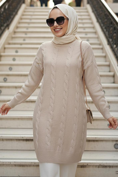 N.S NEVA STYLE Beige Hijab Knitwear Sweater with Knitted Detail 60051Bej