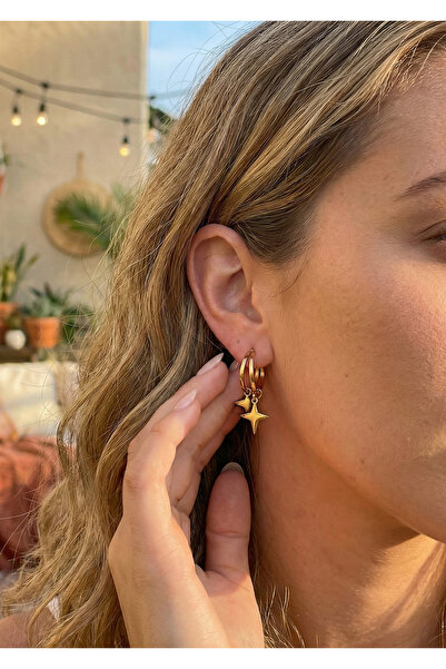 Duke Nickle Sallantılı Altın Yıldız Ve C Şekilli Çift Halka Tasarım Çelik Küp...