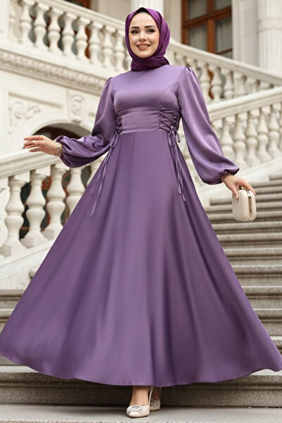 N.S NEVA STYLE - Rochie de seara din satin liliac cu maneci balon 61501LILA