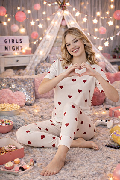 Lavint Homewear Kadın Kalp Desenli Pamuklu Likralı Pijama Takım