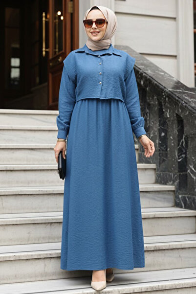 N.S NEVA STYLE Rochie Hijab Albastru Indigo cu Detaliu Pulover 7253IM