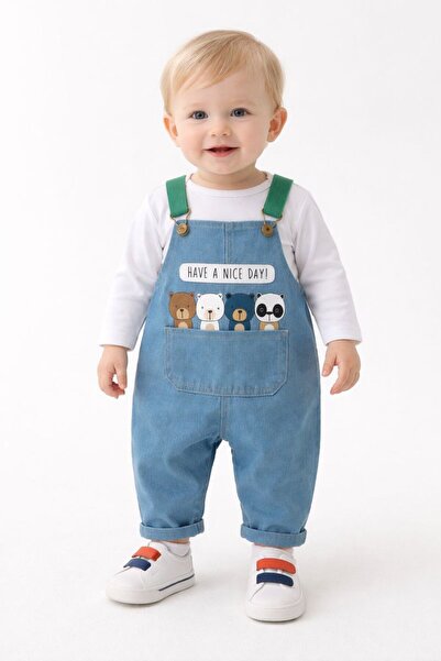 RAPAPA Baby Boy Teddy Bear Patterned Denim Salopet and Long Sleeve T-Shirt Se...