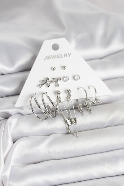 Skygo طقم أقراط نسائية من النحاس الفضي مكون من 6 قطع - TJ-BKP11329