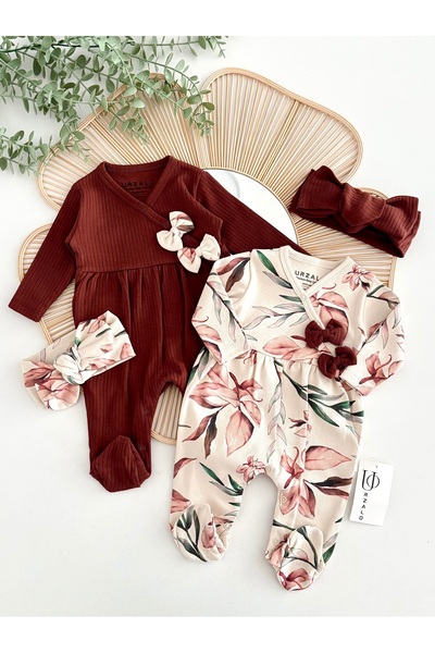 Jammybaby Yaprak Dijital Desenli Kız Bebek %100 Pamuk Kaşkorse 2 Tulum Ve Ban...