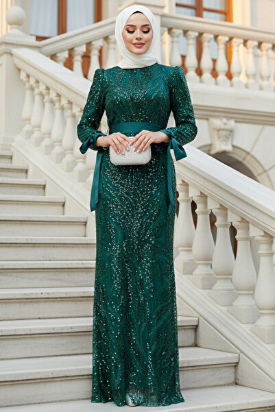 Neva Style - Rochie de seara hijab verde smarald brodata cu margele cu paiete...