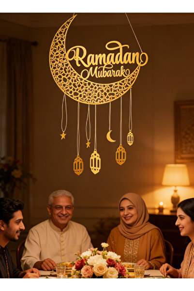 Pomefar زينة رمضانية للمنزل، قلادة جدارية خشبية لعيد مبارك، فانوس معلق على شك...