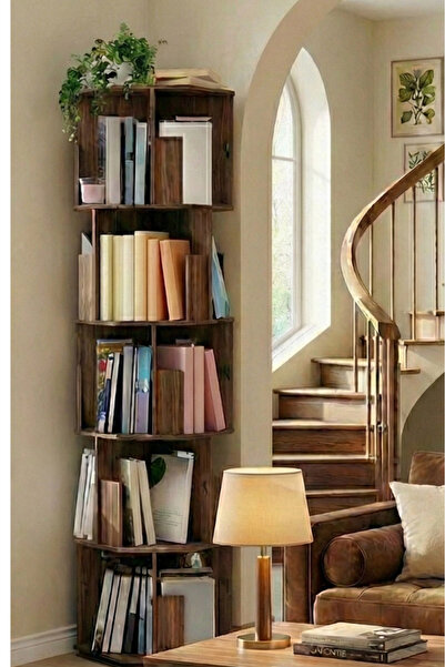 Vigo Wood 5 Katlı Döner Kitaplık | 360° Dönebilen, 100 Kitap Kapasiteli, Cevi...