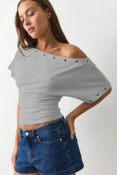 Madmext Painted Gray Off Shoulder Metal Detailed Women's Blouse Mg2671