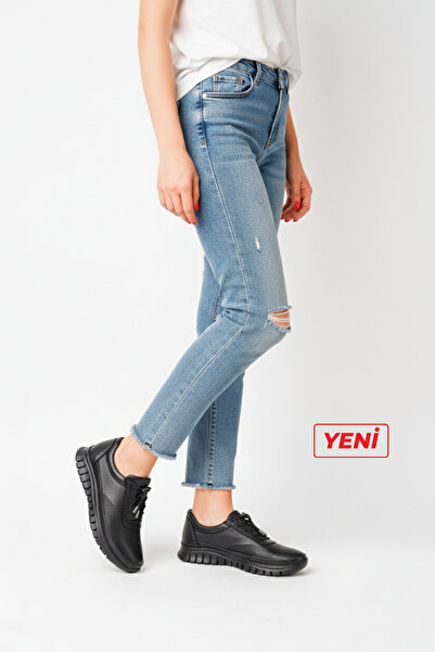 Deripabuc Hakiki Deri Siyah Kadın Anatomik Deri Casual Ayakkabı DP79-8690