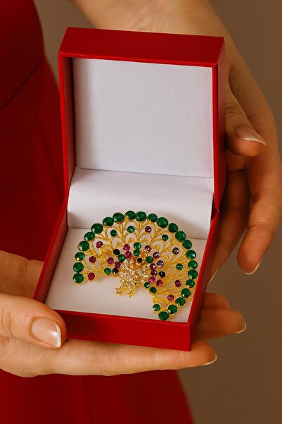 New Obsessions Yeşil Taşlı Tavuskuşu Broş Yaka İğnesi