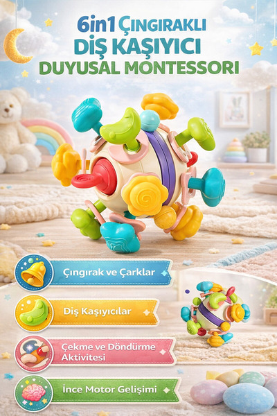 YILDIRIM OYUNCAK 6 İN 1 Bebek Oyuncağı Çıngıraklı Diş Kaşıyıcı Duyusal Montes...