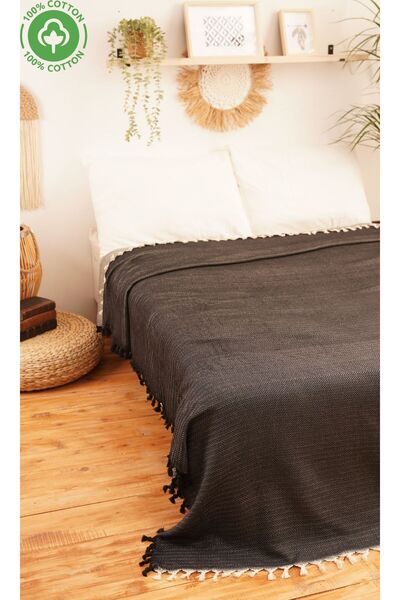 DNRYSL %100 Pamuk Battal Boy Püsküllü Pike, Yatak Örtüsü 240 x 260 cm