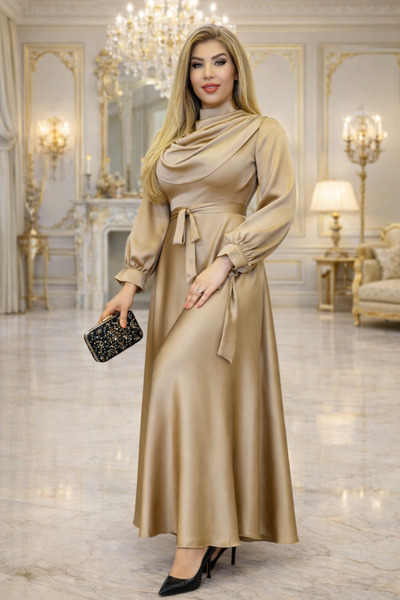 green emerald velvet dress Modest Long Sleeve Golden ChiffonDress main image 1