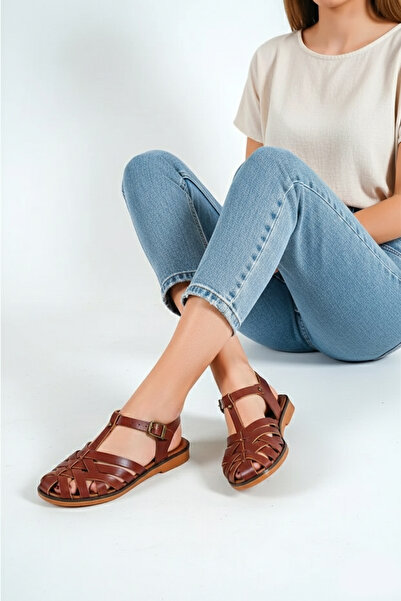 Deripabuc - Çeşme Sandale din piele maro pentru femei din piele naturală RMA-...