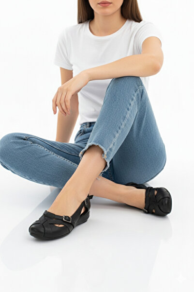 Deripabuc Hakiki Deri Siyah Kadın Deri Babet TRC-4002