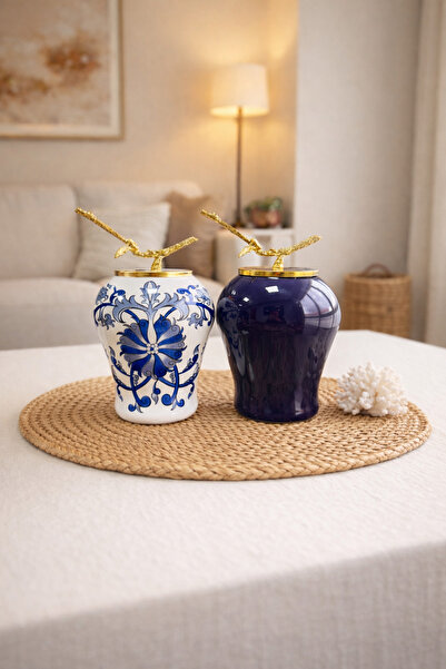 ferayhome Dekoratif Obje 2 li Şah Küp Mavi Çiçekli Lacivert Şah Dal Zamak Gol...