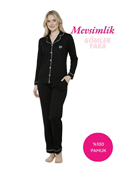 bie's Cămașă neagră cu dungi albe pentru femei, cu nasturi în față, 100% bumb...