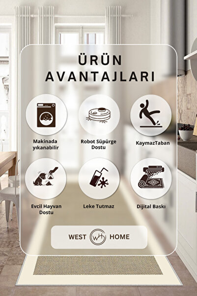 West Home Dijital Baskı Yıkanabilir Kaymaz Taban Salon Halısı Mutfak Halısı Koridor Halısı